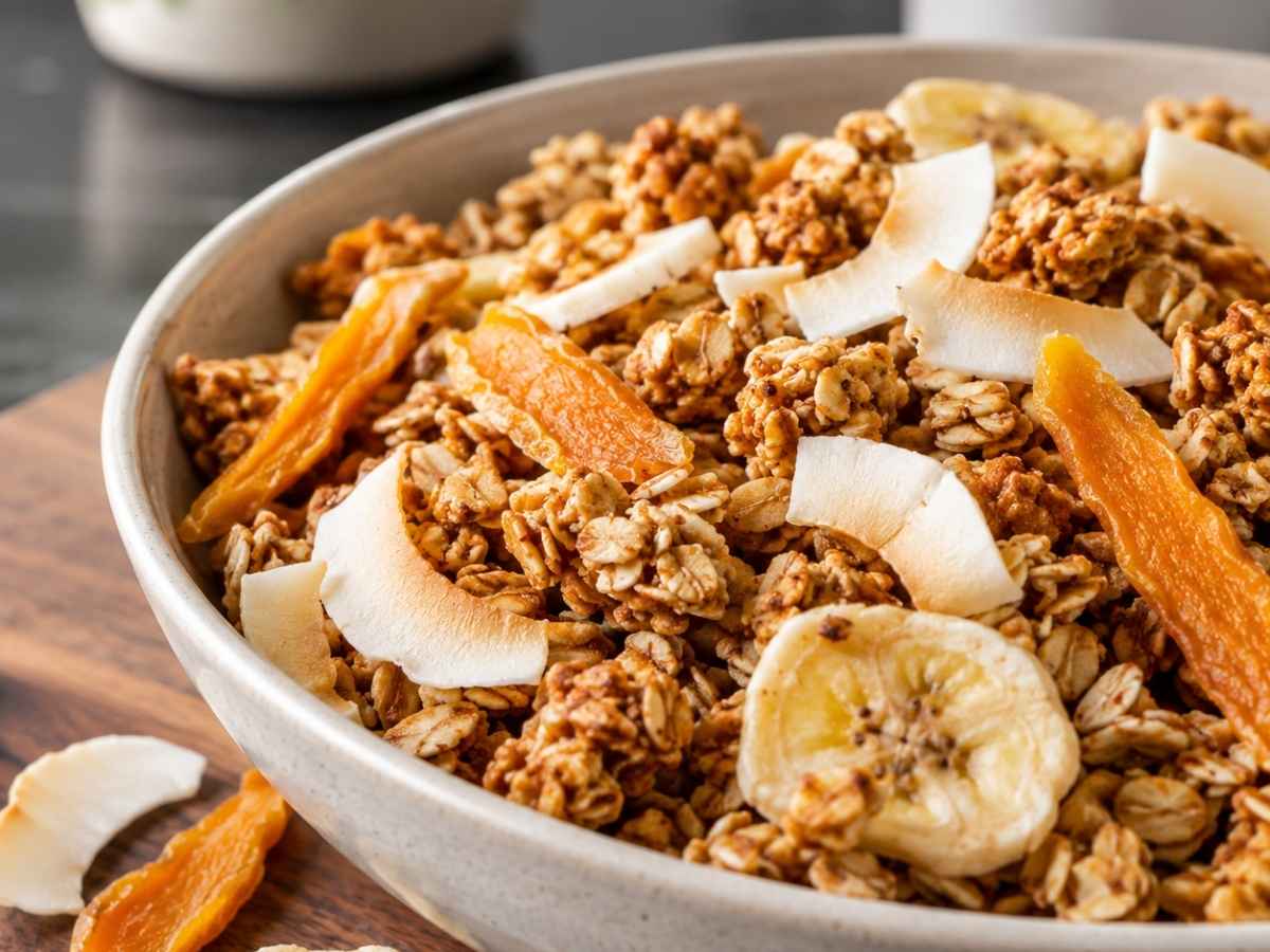 Nahaufnahme von knusprigem Granola Tropicana mit gerösteten Mandelstiften und Kokosraspeln