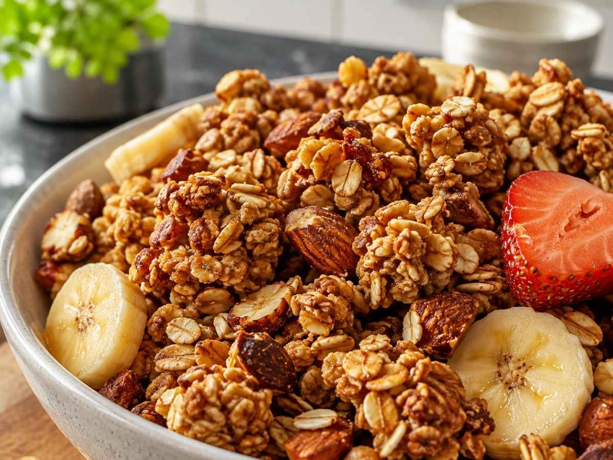 Nahaufnahme von knusprigem Granola mit Nüssen, Kürbiskernen und Sesam