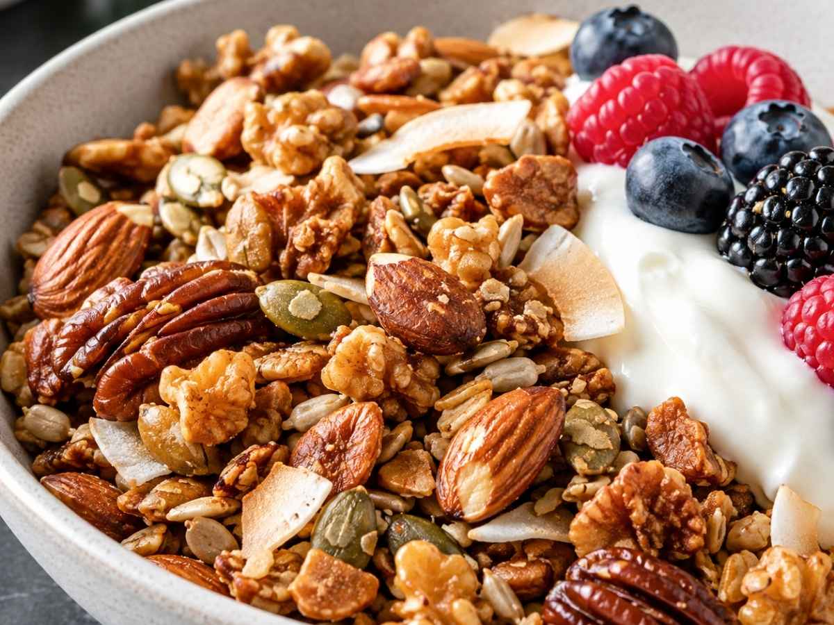 Nahaufnahme von knusprigem Low Carb Granola mit Kokoschips und Buchweizenflocken