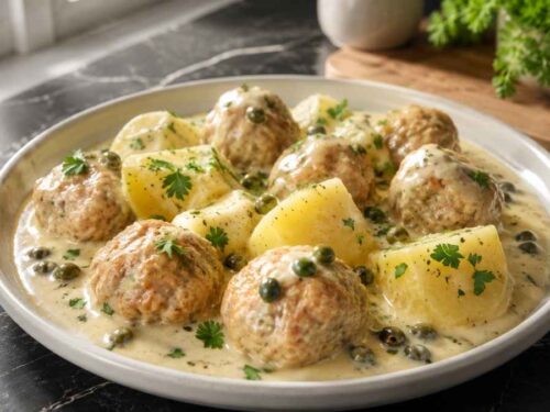Teller mit Königsberger Klopsen in cremiger Kapernsauce und Salzkartoffeln