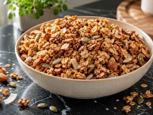 Selbstgemachtes Kokos-Mandel-Granola in einer großen Schüssel, knusprig gebacken