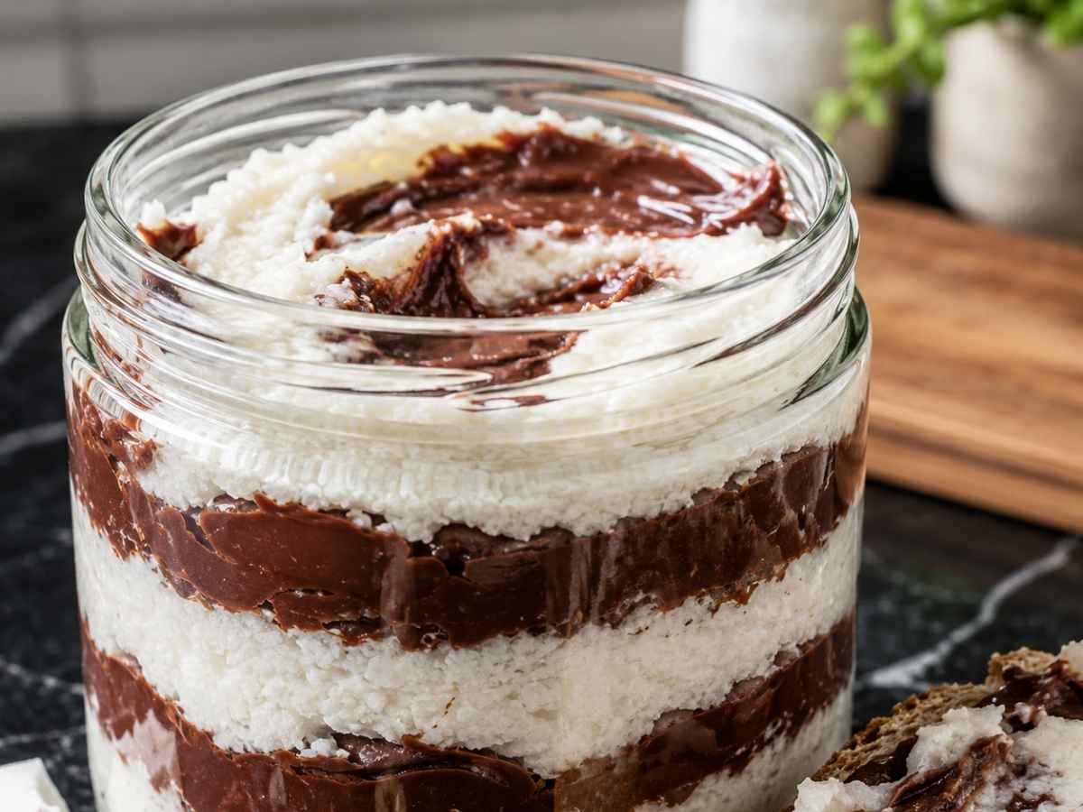 Kokos-Nougat-Aufstrich cremig auf einer Scheibe Toastbrot gestrichen