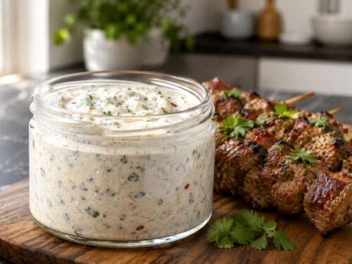 Gegrillte Lammspieße mit Kokosmarinade auf einem Teller mit Fladenbrot und Krautsalat