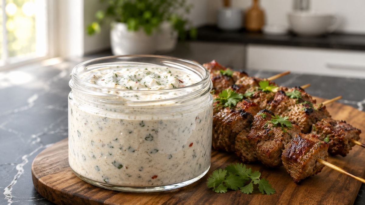 Gegrillte Lammspieße mit Kokosmarinade auf einem Teller mit Fladenbrot und Krautsalat
