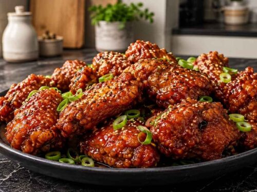Koreanisch frittiertes Hähnchen mit süß-scharfer Sauce, Sesam und Frühlingszwiebeln auf einer Servierplatte