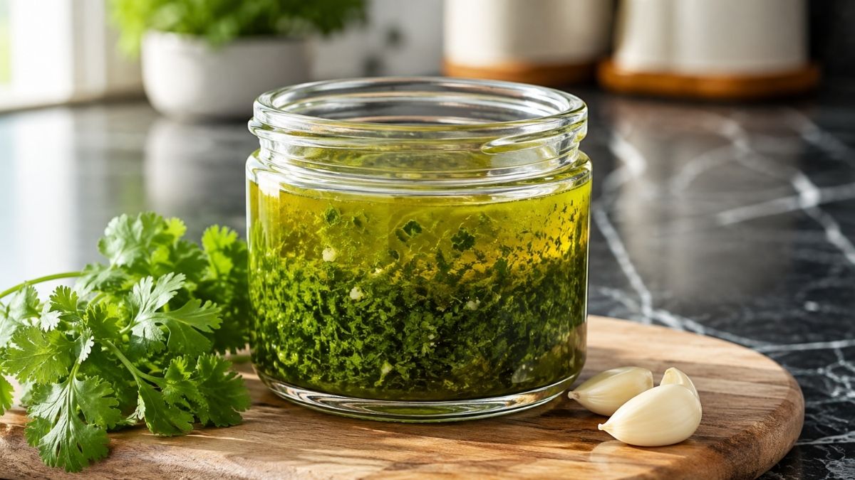 Grünes Koriander-Knoblauch-Öl wird über gegrilltes Gemüse auf einer Platte gegossen