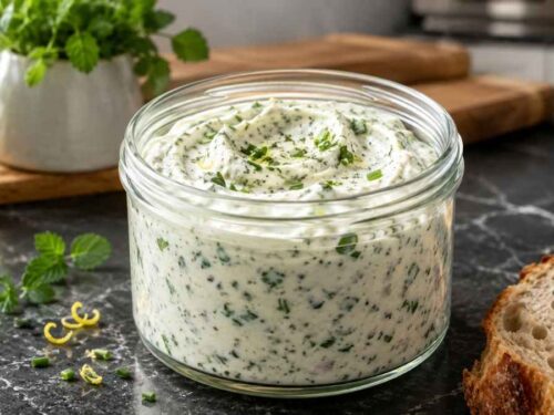 Kräuter-Schmand-Dip in weißer Schale, umgeben von Gemüsesticks und Baguette