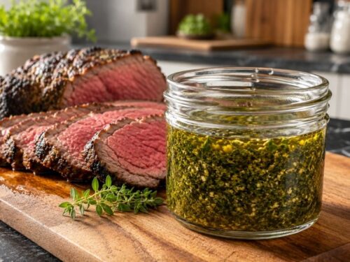 Angerichtetes Roastbeef mit Kräutermarinade neben Beilagen auf dem Tisch