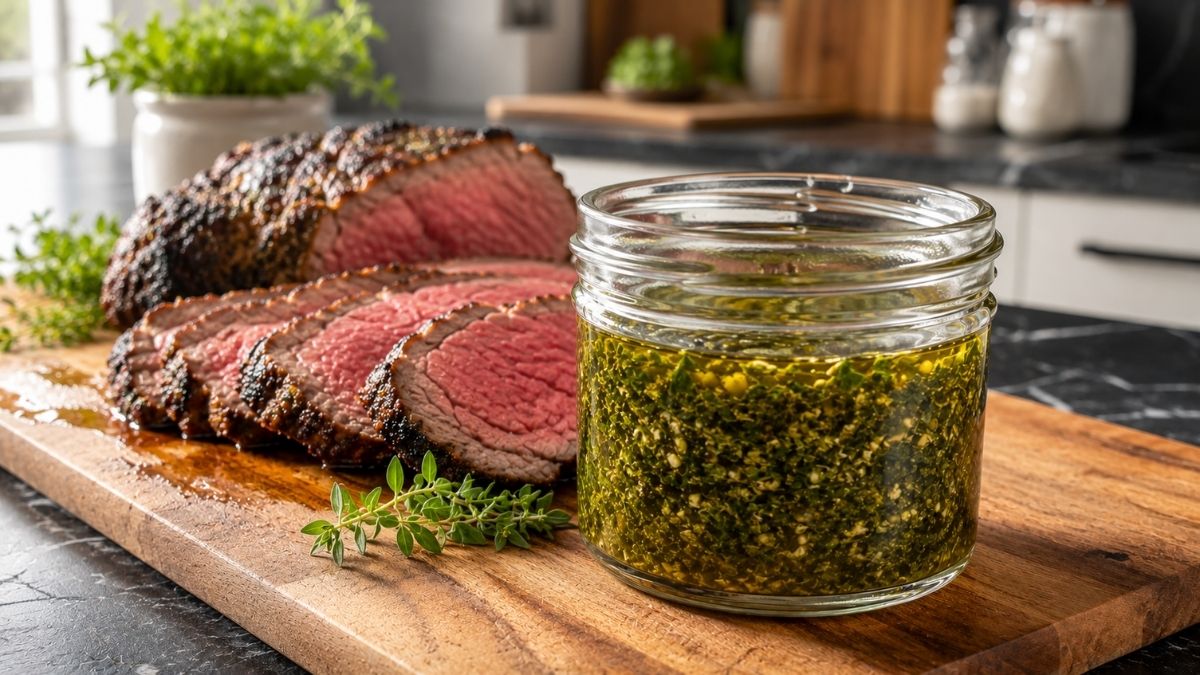 Angerichtetes Roastbeef mit Kräutermarinade neben Beilagen auf dem Tisch
