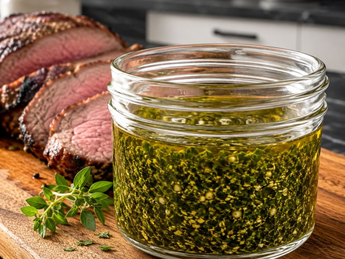 Saftig angeschnittenes Roastbeef mit Kräutermarinade aus Rosmarin und Thymian