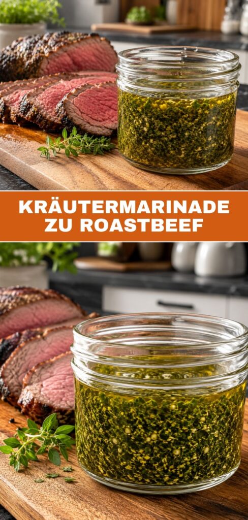 Roastbeef mit Kräutermarinade, Weitwinkel- und Nahaufnahme kombiniert für Pinterest