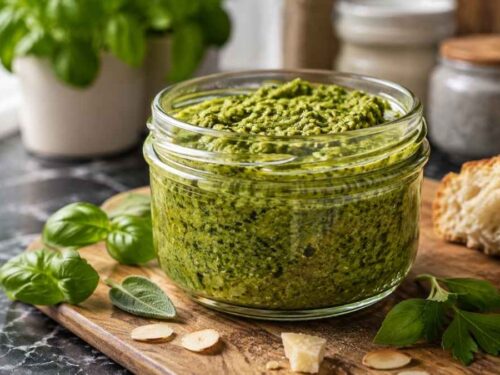 Selbst gemachtes Kräuterpesto aus Basilikum, Petersilie und Mandeln in einem Glas, mit Löffel zum Servieren