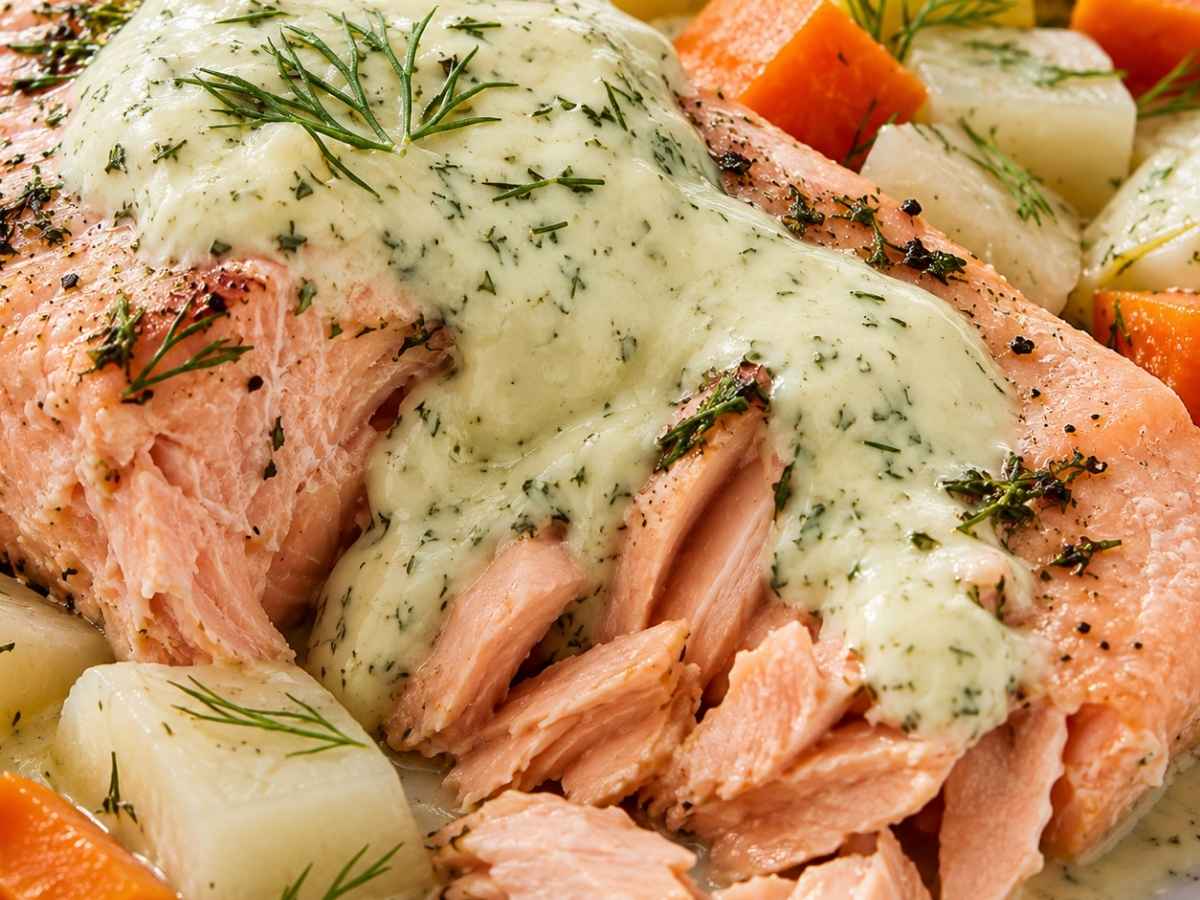 Nahaufnahme von zartem Lachs mit cremiger Dill-Senf-Sauce