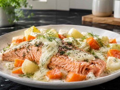 Lachs mit Dill-Senf-Sauce und Gemüse auf einem Teller mit Kartoffeln und Möhren