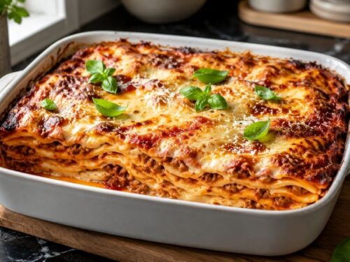 Frisch gebackene Lasagne mit Bolognese und Béchamel, angerichtet in einer weißen Auflaufform