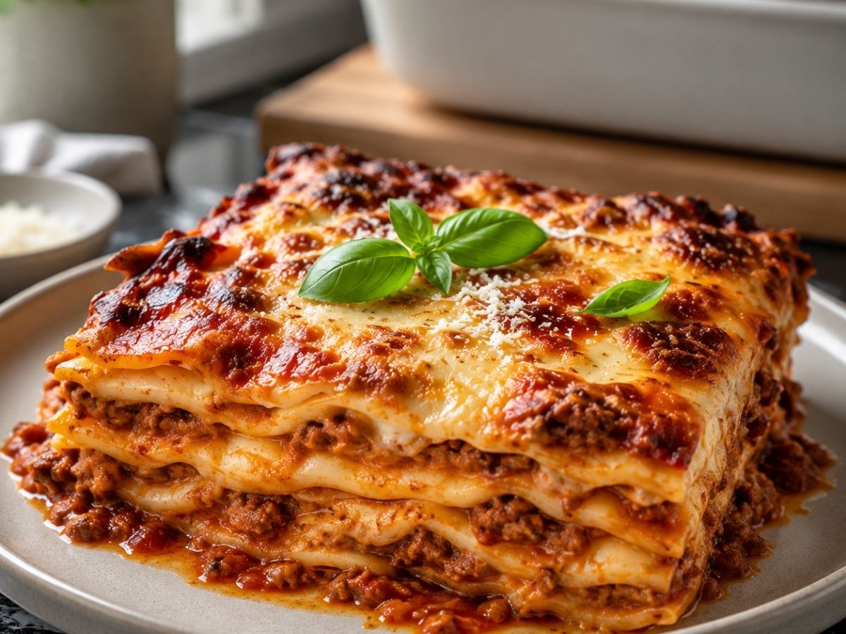 Nahaufnahme eines Lasagne-Stücks mit geschmolzenem Parmesan, so serviere ich sie bei uns am Tisch