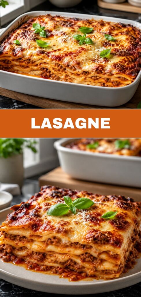Pinterest-Pin für klassische Lasagne mit Bolognese und Béchamel, ideal für den Sonntagstisch