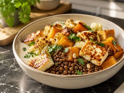 Bunte Linsen-Gemüse-Bowl mit Halloumi, Ofengemüse und cremigem Bohnendip, angerichtet in einer Schüssel