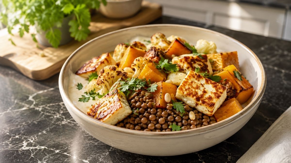 Linsen-Gemüse-Bowl mit Halloumi