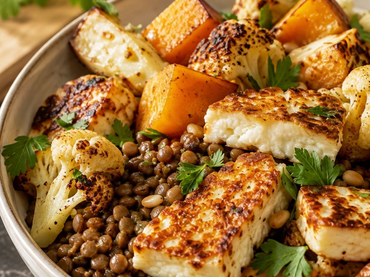 Bunte Linsen-Gemüse-Bowl mit Halloumi, Ofengemüse und cremigem Bohnendip, angerichtet in einer Schüssel
