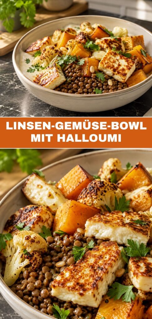 Pinterest-Pin für Linsen-Gemüse-Bowl mit Halloumi, bunt und sättigend in 55 Minuten fertig