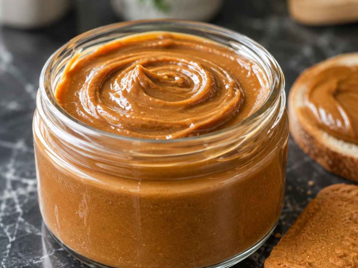 Cremiger Lotus Keks-Aufstrich dick auf einer Scheibe Brot gestrichen