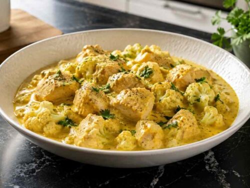 Cremiges Blumenkohl-Hähnchen-Curry mit Kokosmilch, angerichtet in einer Schüssel mit Koriander bestreut