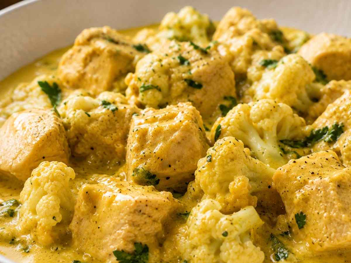 Cremiges Blumenkohl-Hähnchen-Curry mit Kokosmilch, angerichtet in einer Schüssel mit Koriander bestreut