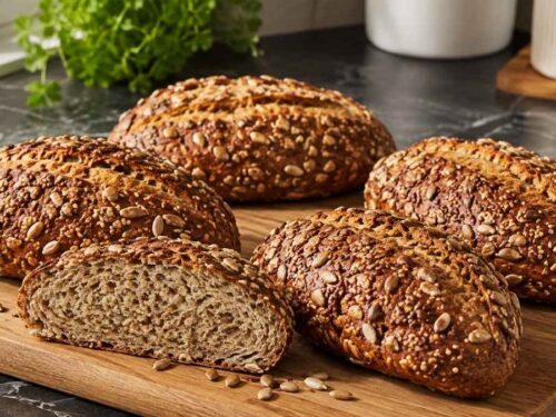 Mehrere Low-Carb-Brötchen ohne Mehl mit knuspriger Saatenkruste, frisch aus dem Ofen