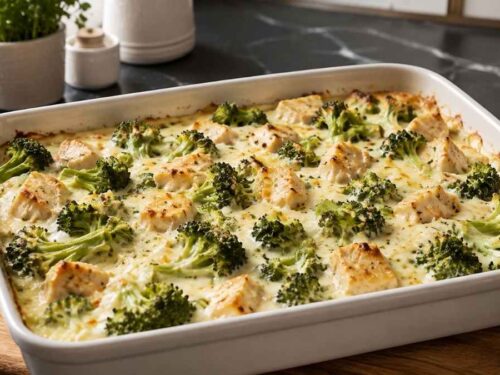 Low-Carb Brokkoli-Auflauf mit Hähnchen in der Auflaufform, goldbraun gebacken