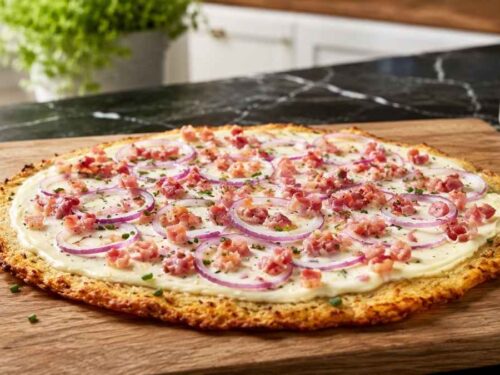 Fertig gebackener Low Carb Flammkuchen mit Blumenkohlboden, Speck und Zwiebeln, serviert auf einem Holzbrett