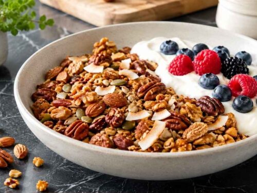 Selbstgemachtes Low Carb Granola mit Mandeln, Cashewkernen und Kokos im Schraubglas