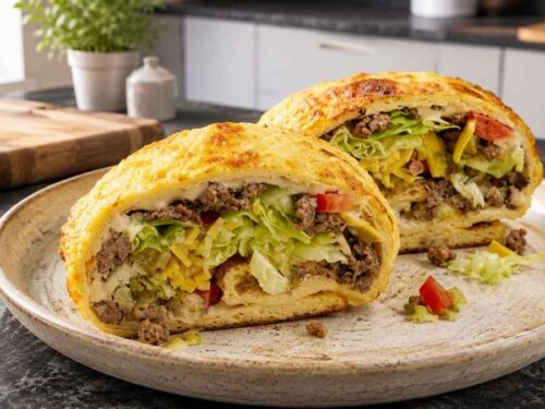 Aufgeschnittene Low Carb Hack-Rolle mit Hackfleisch, Käse und Salat auf einem Teller