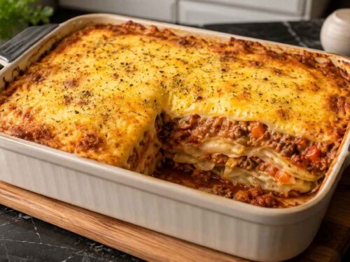 Fertig gebackene Low Carb Lasagne mit Weißkohl und Hack in der Auflaufform