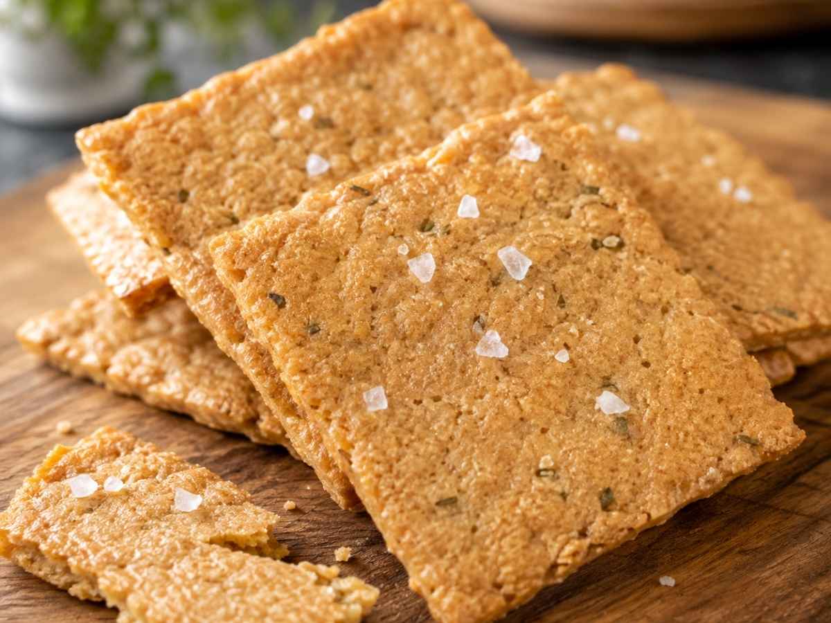 Nahaufnahme der knusprigen Low Carb Mandel-Cracker mit grobem Meersalz