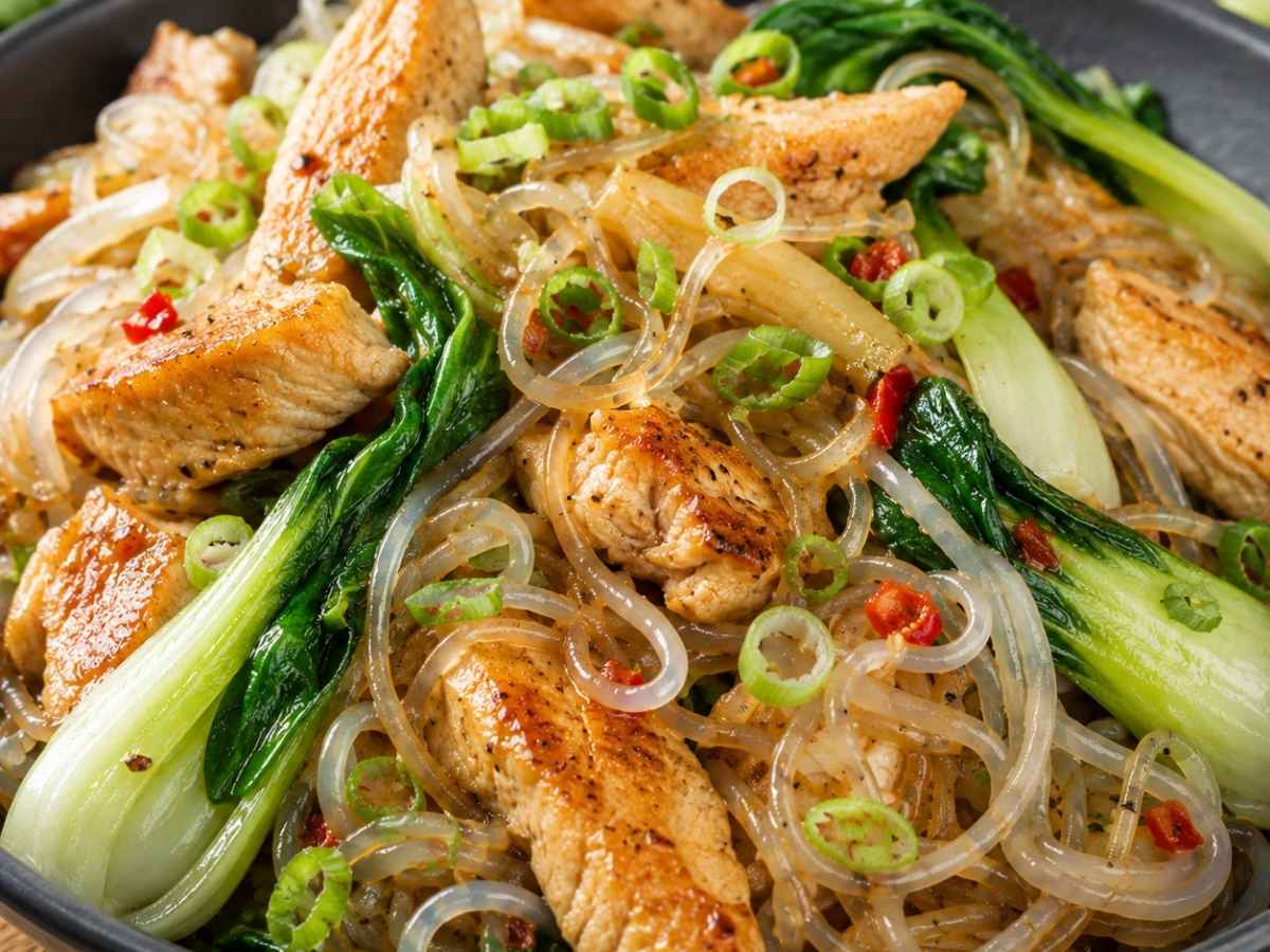 Nahaufnahme von Low-Carb-Nudeln mit Hähnchen, Shirataki-Nudeln und Pak Choi