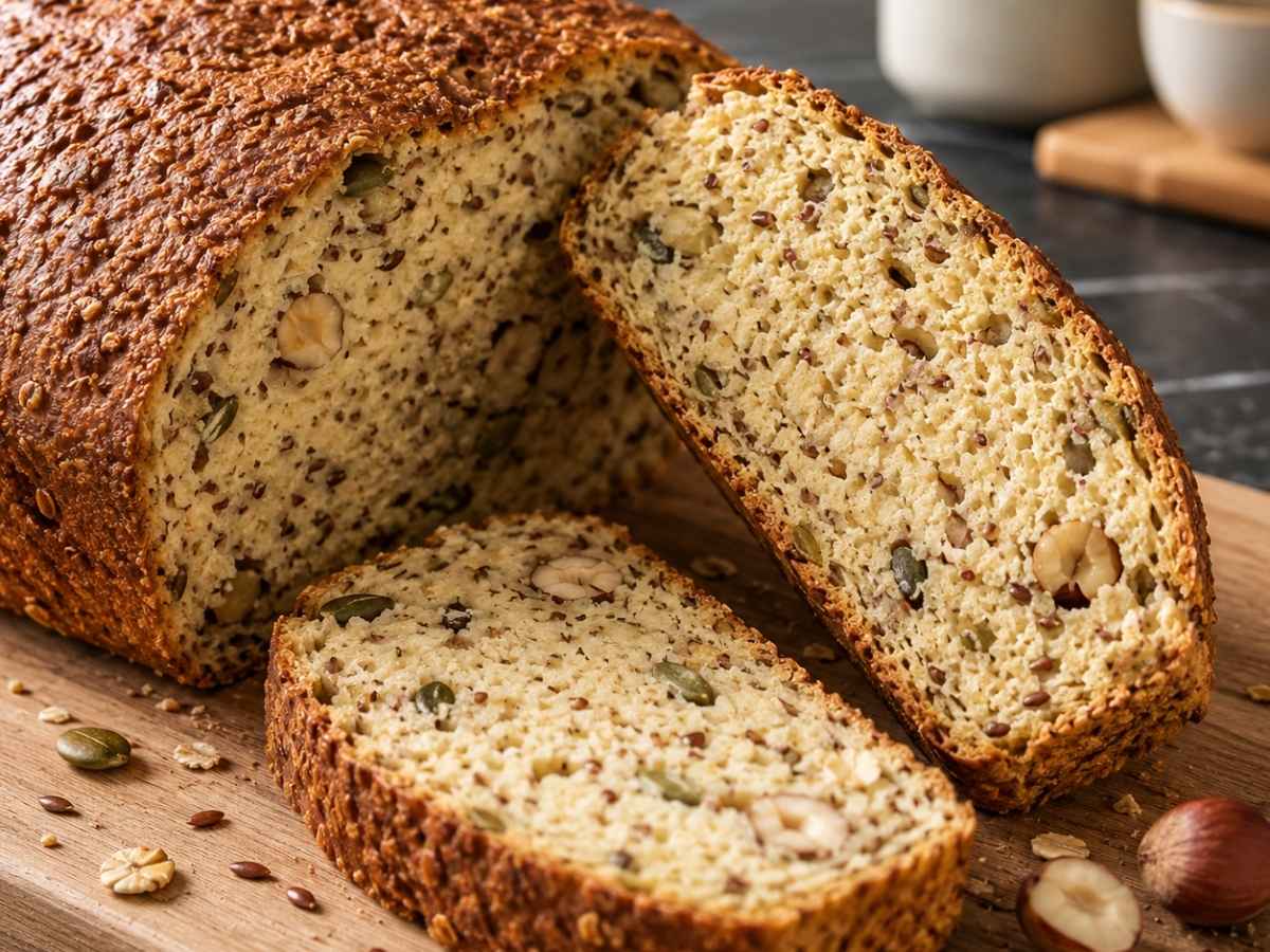 Aufgeschnittene Scheibe Low Carb Nuss-Brot mit sichtbaren Haselnüssen und Kernen