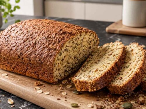 Ganzer Laib Low Carb Nuss-Brot mit Haselnüssen auf einem Holzbrett