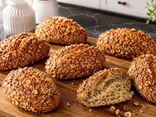 Low Carb Nussbrötchen ohne Mehl, mit gehackten Haselnüssen gewälzt, frisch aus dem Ofen
