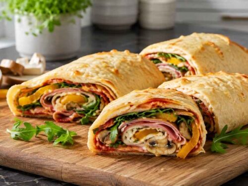 Aufgeschnittene Low-Carb-Pizzarolle mit Salami, Schinken und Rucola auf Backpapier