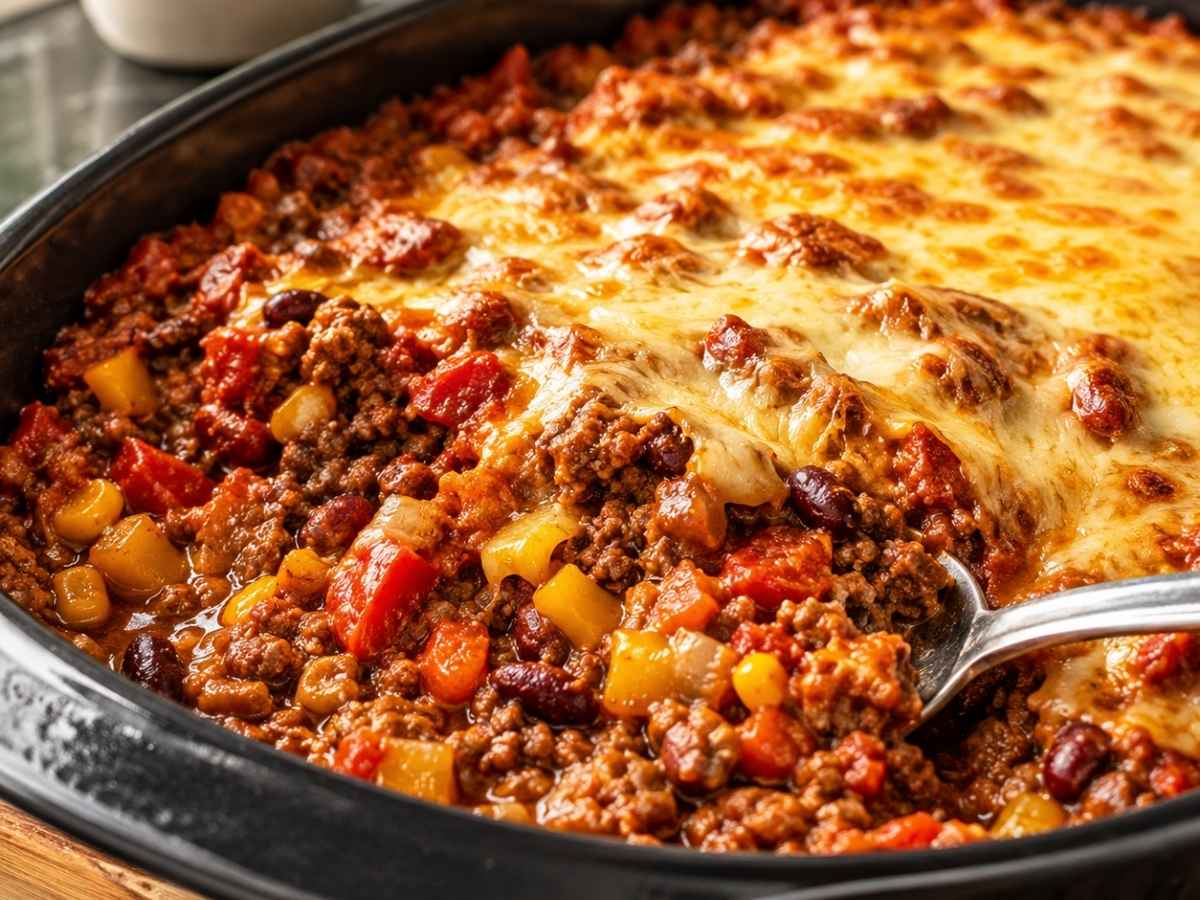Nahaufnahme vom geschmolzenen Käse auf dem Low Carb Tex-Mex-Auflauf
