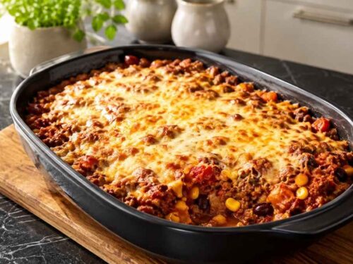Low Carb Tex-Mex-Auflauf mit Hackfleisch und Käse in der Auflaufform