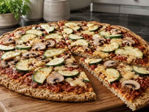 Low Carb Thunfischpizza ohne Teig, belegt mit Tomatensauce, Zucchini, Champignons und Gouda