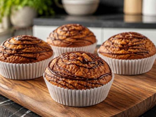 Low Carb Zucchini-Haselnuss-Muffins mit Schokoguss auf einem Kuchengitter