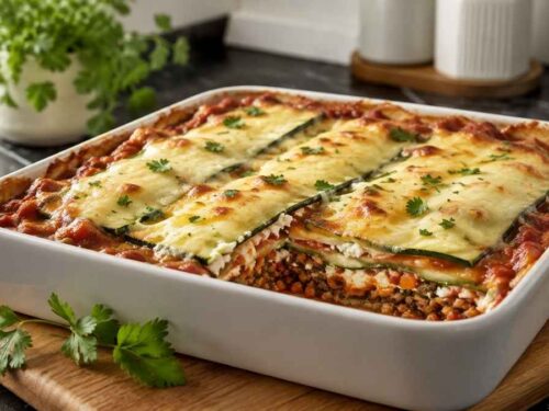 Low Carb Zucchini-Lasagne mit goldbrauner Mozzarella-Kruste in weißer Auflaufform