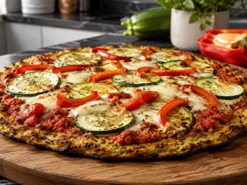 Fertig gebackene Low Carb Zucchini-Pizza mit Tomatensauce, Paprika und Mozzarella