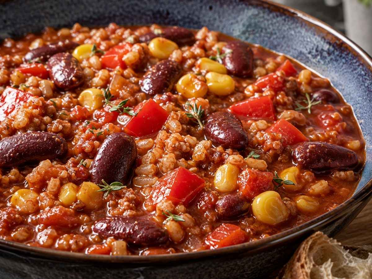 Nahaufnahme von Low Meat Chili mit Kidneybohnen, Mais und Hackfleisch in der Schüssel