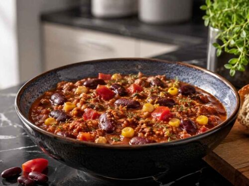 Low Meat Chili mit Grünkern und Bohnen in einem großen Topf, weitwinklig fotografiert
