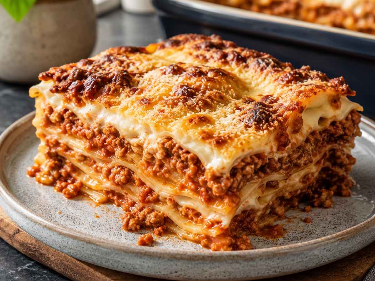 Angeschnittenes Stück Low Meat Lasagne mit sichtbaren Schichten aus Bolognese, Béchamel und Gemüse