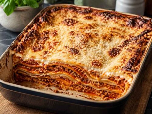 Low Meat Lasagne mit Möhren, Sellerie und Tofu in der Auflaufform, frisch aus dem Ofen